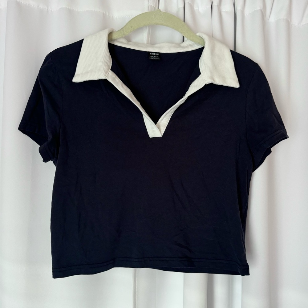 SHEIN Navy Blue & White Cropped Cotton Polo T-Shirt